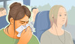 A woman blows her nose on public transportation. A woman cries on public transport. Healthcare illustration. Vector illustration.