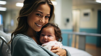 Wall Mural - Loving mother smiling at her newborn baby at the maternity hospital - childbirth concepts