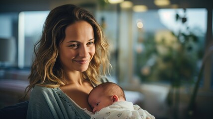 Wall Mural - Loving mother smiling at her newborn baby at the maternity hospital - childbirth concepts