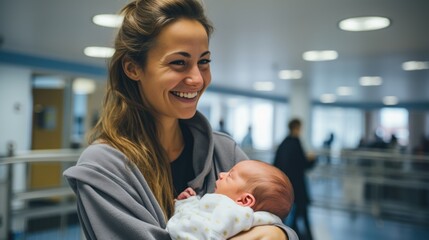 Wall Mural - Loving mother smiling at her newborn baby at the maternity hospital - childbirth concepts