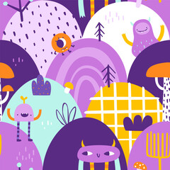 Wall Mural - cute pattern with funny monsters on the hills for baby. scandinavian vector print with abstract mons