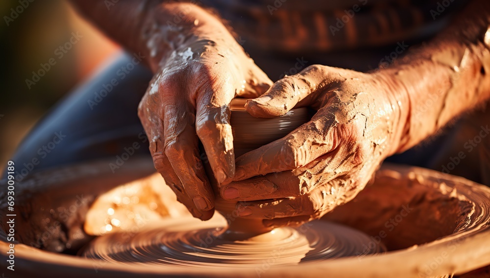 A potter's hands shaping a clay vessel on a potter's wheel, with a ...