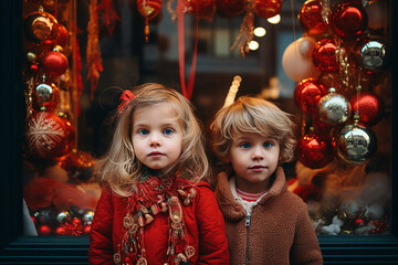 AI generated picture of children walk on decorated for christmas small town