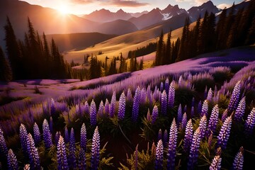 Wall Mural - A high-altitude mountain meadow covered in a sea of purple lupines, with panoramic views of distant peaks and a sky painted in the warm hues of a spring sunset.