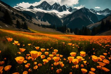 A panoramic view of a mountainous field ablaze with golden poppies, with the snow-capped peaks in the background providing a stunning contrast of colors in spring.