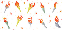 Olympic Torch Set. Vector Isolated Burning Torches Flames. Symbols Of Relay Race, Competition Victory, Champion Or Winner, Olympic Flame And Games 