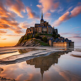 Fototapeta Młodzieżowe - Mont Saint Michel church during sunrise