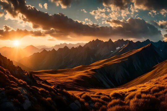 A panoramic view of a mountain range under the warm glow of a summer sunrise, with the first light of day touching the highest peaks and valleys below.
