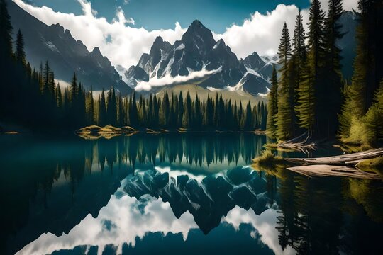 A crystal-clear mountain lake reflecting the cloud-streaked sky, surrounded by towering peaks and dense forests, creating a scene of tranquility and beauty.