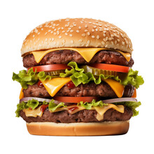 Large Hamburger Isolated Food PNG - 3 Burger Patties Tomato Lettuce And Cheese - Transparent Background