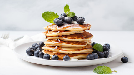 Pancake Day - Blueberry Pancakes with Maple Sirup or Honey. Blurred White Background. Happy Pancake Day.