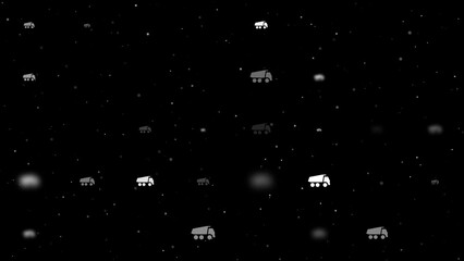 Poster - Template animation of evenly spaced truck symbols of different sizes and opacity. Animation of transparency and size. Seamless looped 4k animation on black background with stars