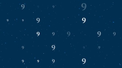 Poster - Template animation of evenly spaced number nine symbols of different sizes and opacity. Animation of transparency and size. Seamless looped 4k animation on dark blue background with stars