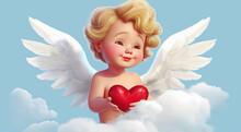 Cute Blonde Baby Cupid With Wings Holding A Red Heart