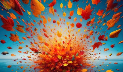 slow motion shot of colorful autumn leaves explosion