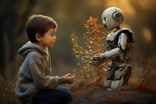 Smiling cute little robot and boy on nature background.