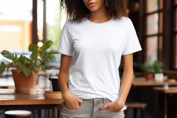 Wall Mural - White blank t shirt mock up. Woman in cafe