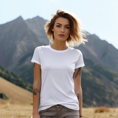 Wall Mural - White blank t shirt mock up. Woman with mountains