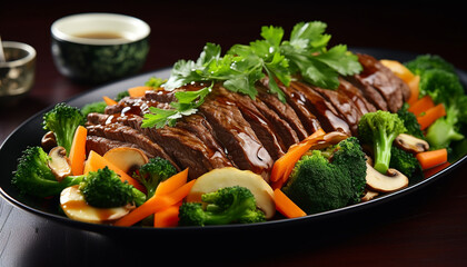 Poster - Grilled meat and vegetables on a wooden plate generated by AI