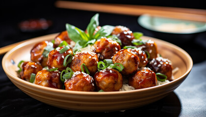 Wall Mural - Grilled meatball with fresh vegetables on wooden plate generated by AI