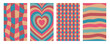 Groovy wave psychedelic checkerboard background, heart tunnel, funky hippie texture for banner, card design background