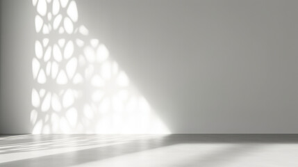 Wall Mural - Minimalistic abstract gentle light grey background for product presentation with light andand intricate shadow from the window on wall.