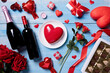 valentines day sweets, cakes and flowers on blue background