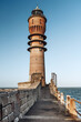 The Saint-Pol lighthouse, listed as a historic monument, located at the end of the west pier of the port of Dunkirk, France.