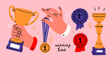 Fototapeta  - Award, winning cup, first place medal, ribbon prize. Hand holding gold medal and champion trophy cup. Hand drawn trendy Vector illustration. Isolated design elements. Victory, competition concept