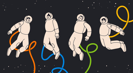 Wall Mural - people flying in outer space in white space suits. astronaut or spaceman. cute characters. cartoon f