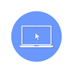 Poster - Laptop and pointer cursor icon with shadow. Notebook display with clicking mouse. Vector illustration