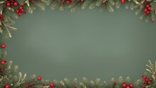 Beautiful Christmas Background With A Border Of Fir Branches, Red Baubles, Pine Cones. Holiday Backdrop, Mock Up Banner For Display Of Advertise Product. Ai Generated