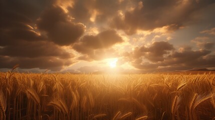 Wall Mural - Sunlight breaking through storm clouds, casting a warm glow on a field of golden wheat. Keywords