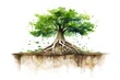 vibrant tree growing - thick visible roots - earth line division - Watercolor illustration - creative abstract paint strokes - white background