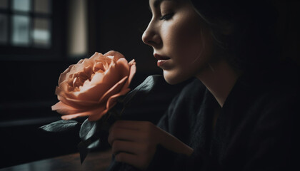 Canvas Print - Young adult females holding single flowers, looking at window, sensuality generated by AI