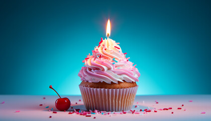 Poster - Birthday cupcake with candle, celebration of sweet food generated by AI