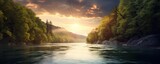 Fototapeta Natura - Riverside serenity. Tranquil landscape nature unveils beauty majestic river flowing through lush forest embraced by warmth of setting sun