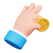 Hand hold golden gold coin isolated. Human hand gesture cartoon icon. 3D Illustration.
