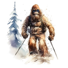 Watercolor Bigfoot, Yeti, Png, Image Sasquatch In Ski Outfit, With Skis And Poles, Bright Image, Watercolour Style On White Background