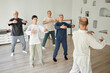 © Seventyfour - Wide shot of senior people meditating during qigong exercise in fitness studio while male instructor teaching