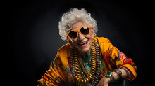 Crazy Old Granny With Gold Chain, Watch And Sunglasses, Funny Old Woman With Gray Hair, Expressive Mature And Happy Smiling Grandmother In Colorful Close-up Portrait | Generative AI