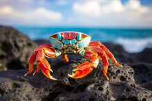 A Very Colorful Sally Lightfoot Crab Sitting On A Lava Rock In The Galapagos Islands Ecuador With The Sea In The Background