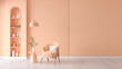 Peach fuzz room ,minimal interior  livingroom. peach armchair with peach color paint wall. color of the year 2024  . Mockup background. 3d render