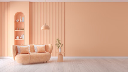 Peach fuzz room ,minimal interior  livingroom. peach sofa with peach color paint wall. color of the year 2024  . Mockup background. 3d render