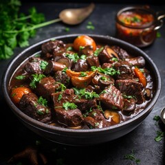 Wall Mural - Beef Bourguignon: French Beef Stew Braised in Red Wine with Garlic and Mushrooms