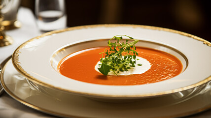 Wall Mural - Tomato cream soup in a restaurant, English countryside exquisite cuisine menu, culinary art food and fine dining