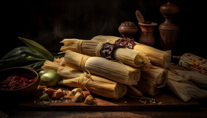 Poster - Foreground focus on rustic bowl of fresh organic vegetable stack generated by AI