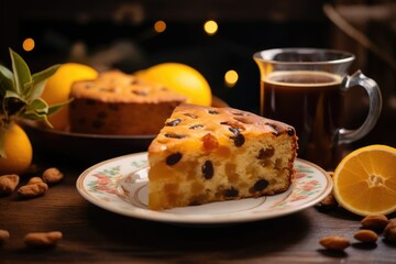 Wall Mural - An inviting tea party ambiance featuring a slice of Simnel cake on a plate, and a cup of tea waiting to be sipped