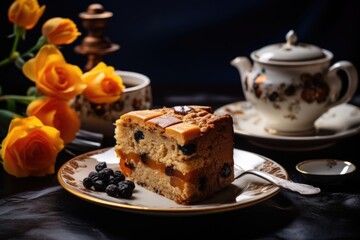 Wall Mural - A slice of Simnel cake on a plate, accompanied by a cup of tea, sets the stage for a cozy tea-time gathering