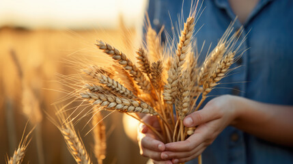 Poster - A farmer stands in a field of wheat holding ears of wheat in his hands